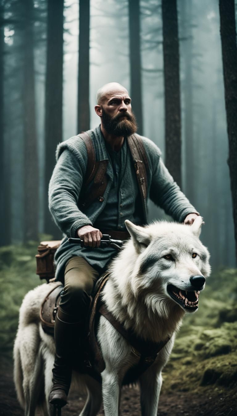 Slavic Man Rides White Wolf in Cinematic Film Still