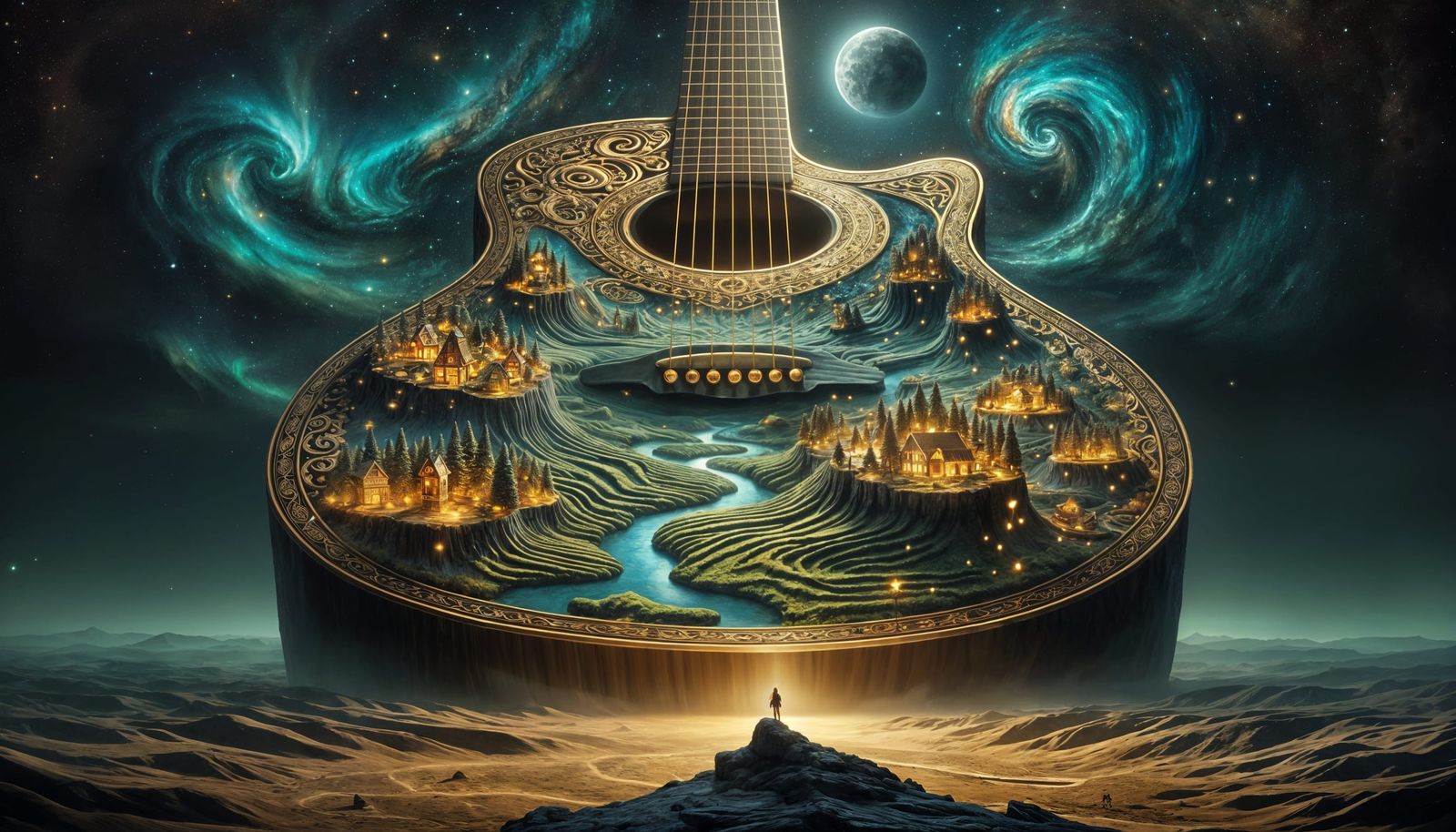 Ethereal Guitar Landscape with Glowing Details and Celestial...