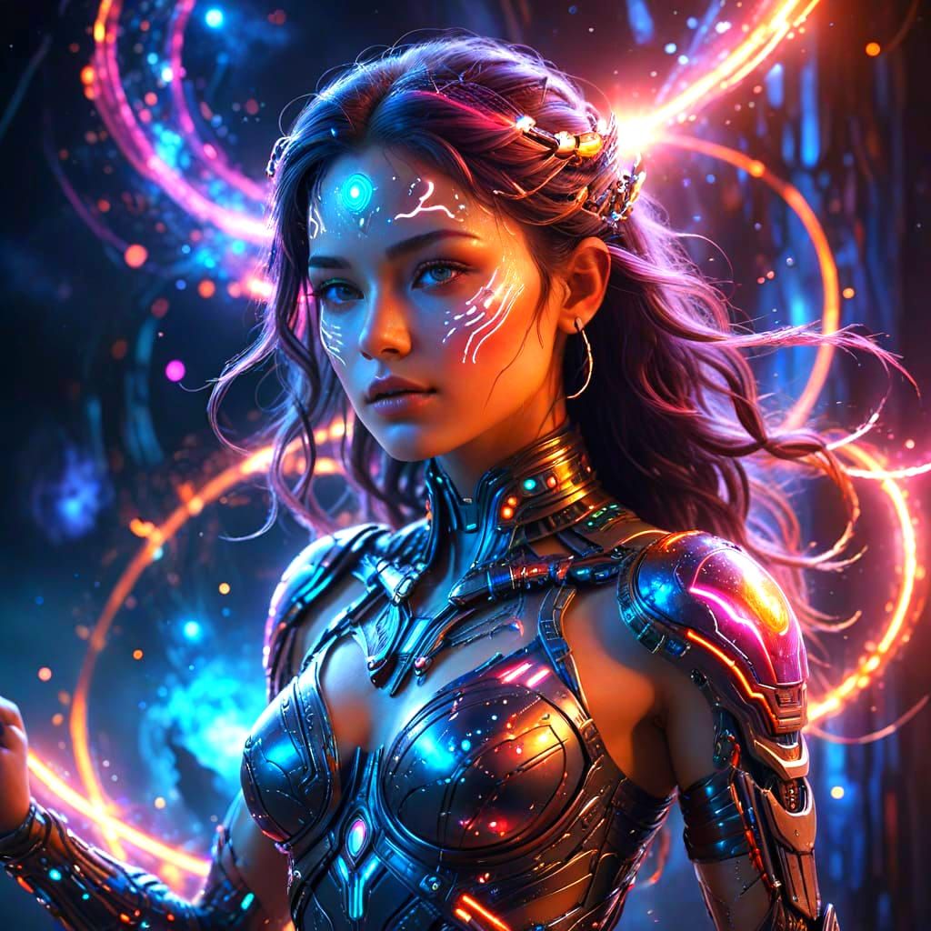 Cyborg Goddess Dances Among Planets in High Fantasy Style