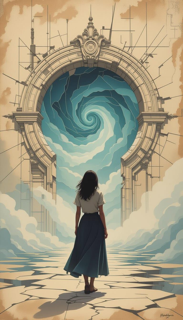 Woman Approaches Portal to Past in Architectural Futurism St...