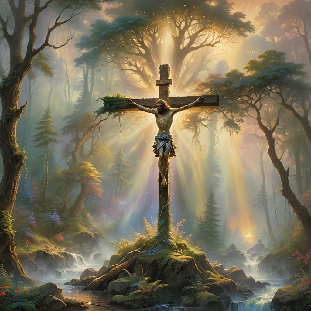 Jesus on Cross in Mystical Forest, Ethereal Style
