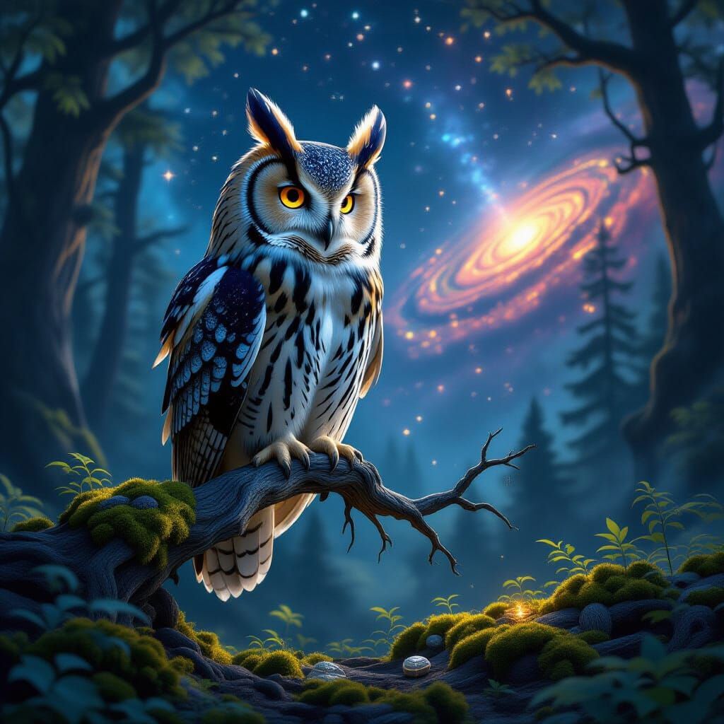 Majestic Nebula Owl on Crystal Branch