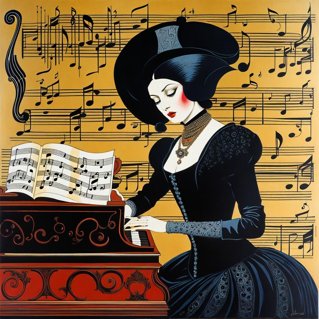 Victorian Gothic Harpsichord Player in Aquatint Style