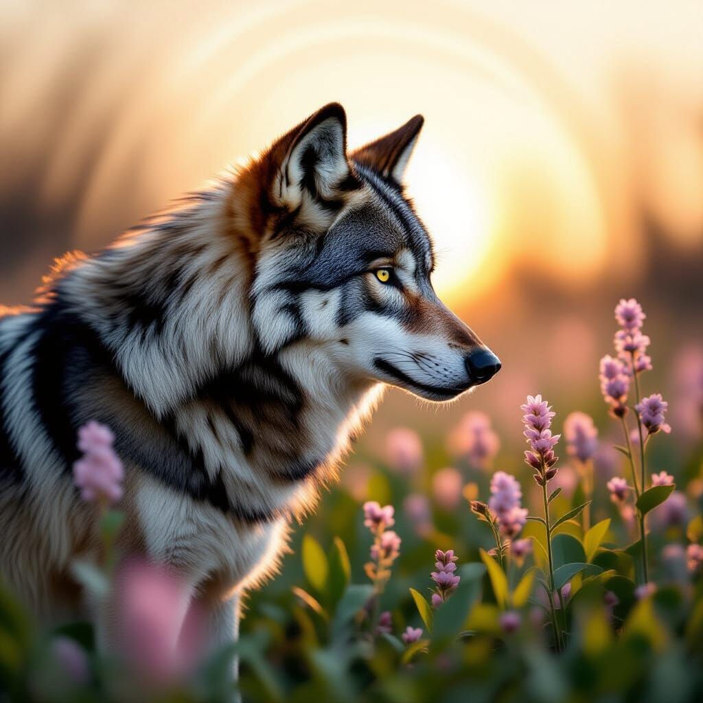 Wolf and Spring Flowers in Double Exposure