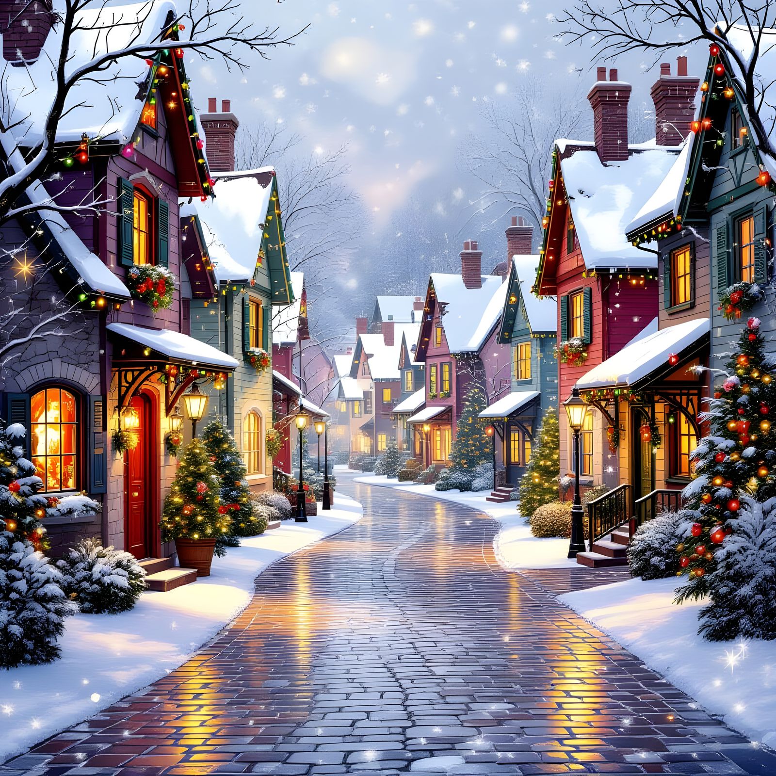 Festive Village Road with Whimsical Houses & Christmas Light...