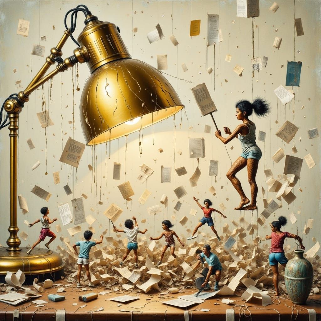 Surreal Desk Lamp Sculpture with Miniature Athletes