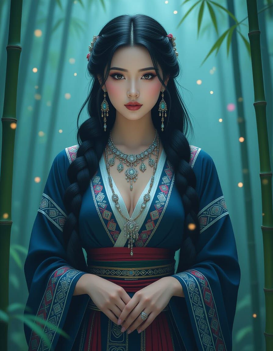 Picture a pair of socks featuring a full-body portrait of a beautiful Hmong woman with a curvy figure, wearing tradition...