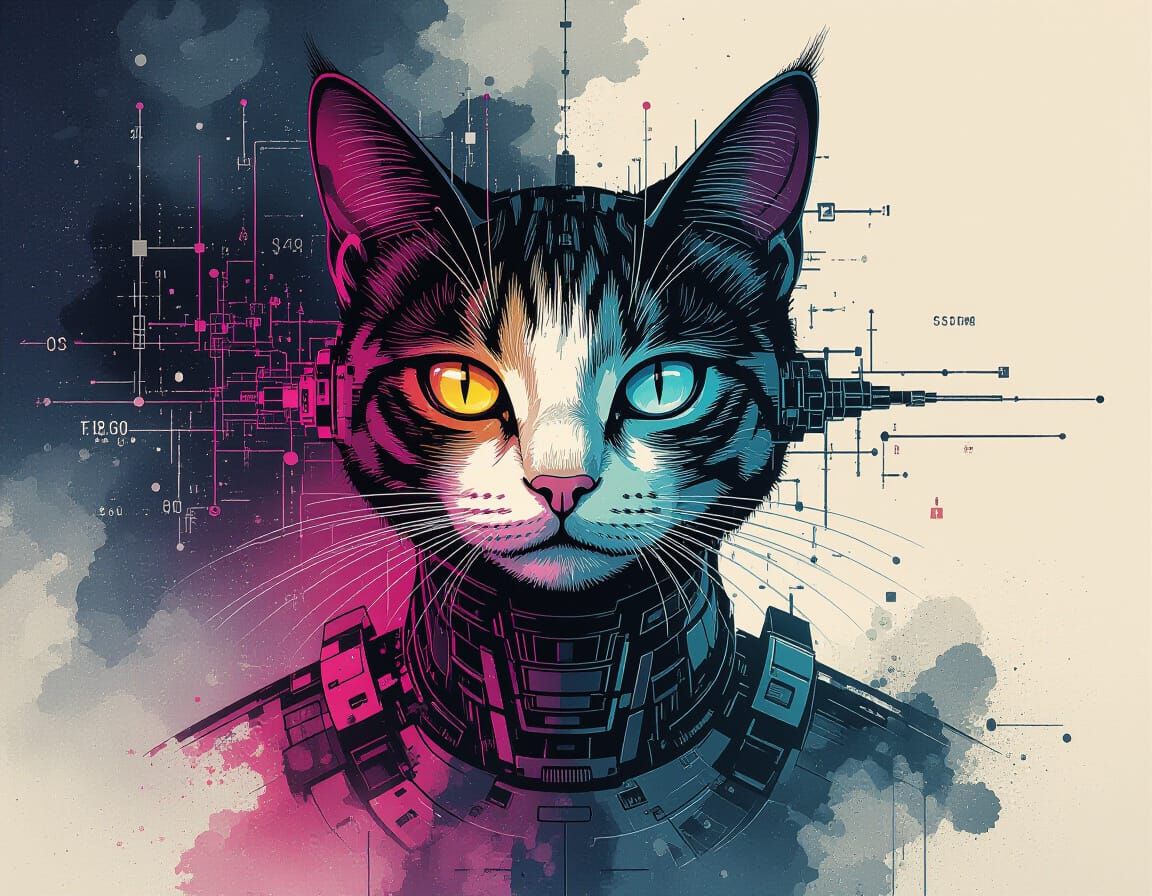 Futuristic Robotic Cat in Synthwave Glitchcore Style