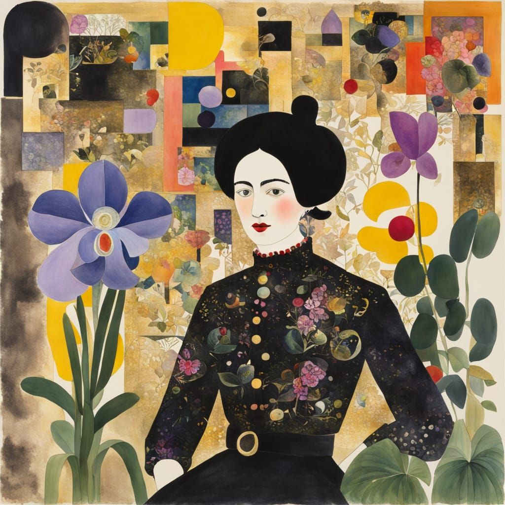 Romantic Lady in Elegant Black Gilded Watercolor Portrait