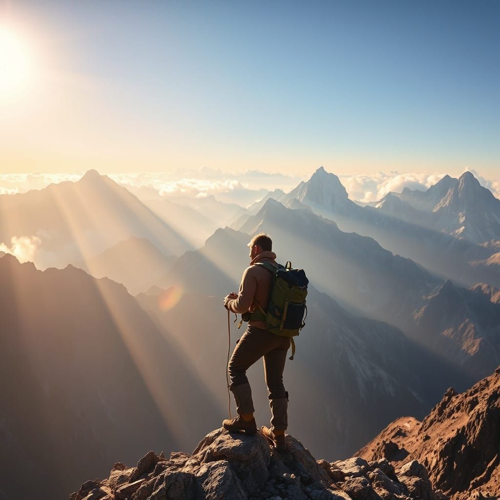 Victorious Climber at Dawn's Golden Peak