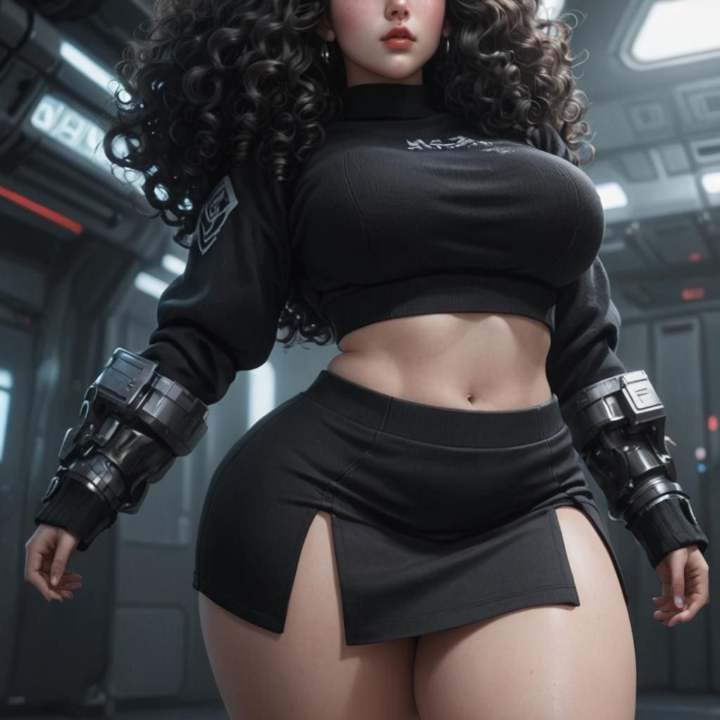Curvy Woman with Spaceship in Cyberpunk Anime Style