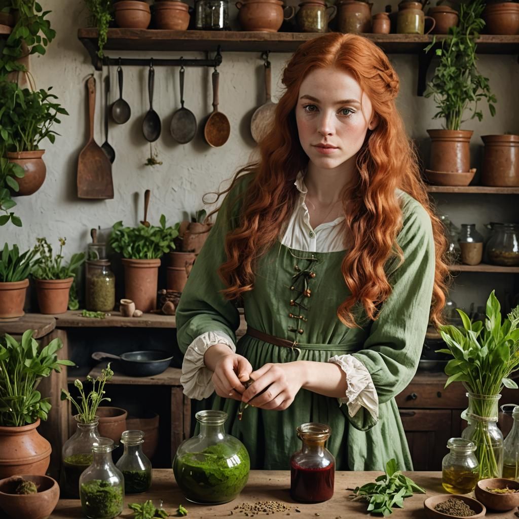 Eighteenth Century Herbalist Making Potions, Detailed Digita...