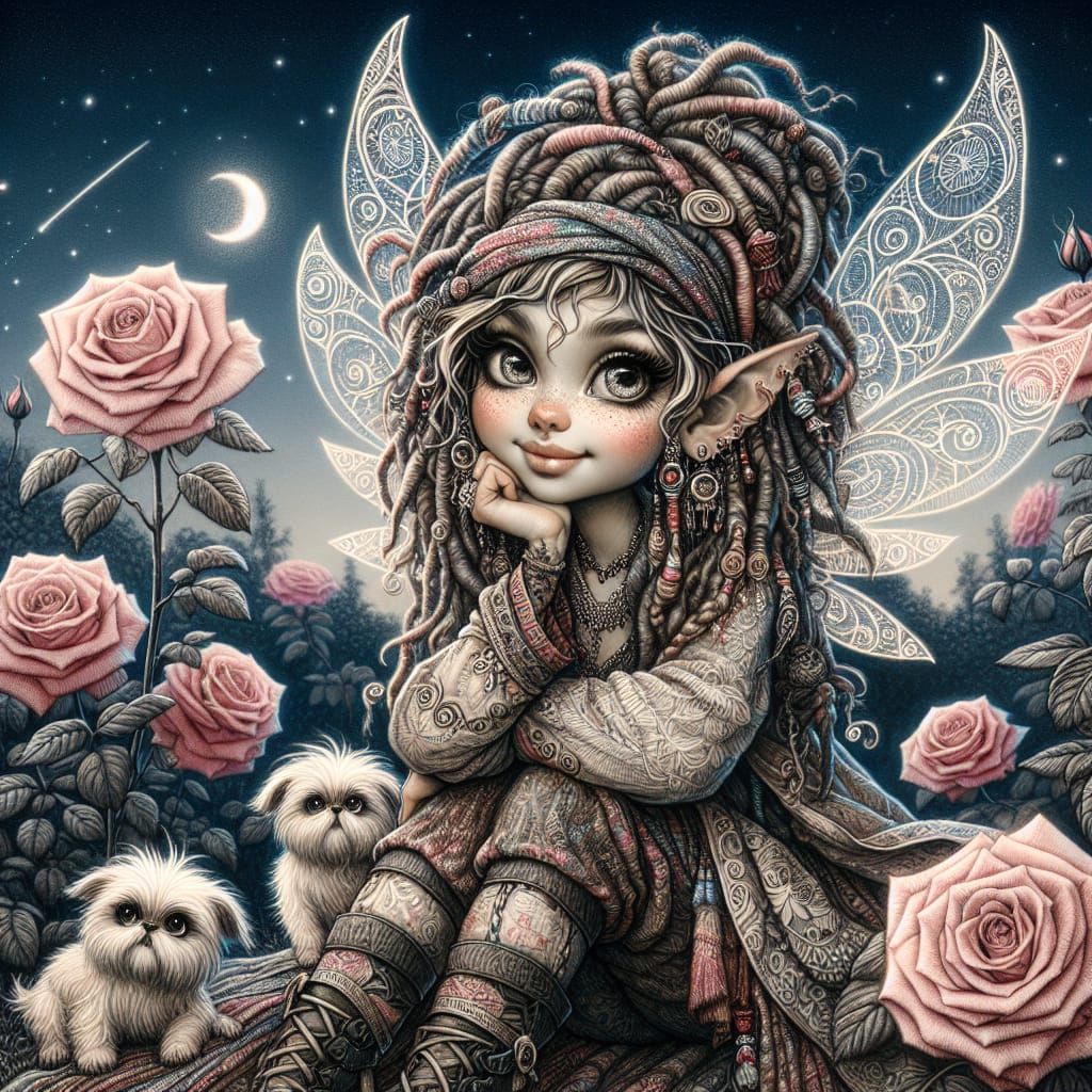 Whimsical Pixie in Rose Garden Under Starry Sky