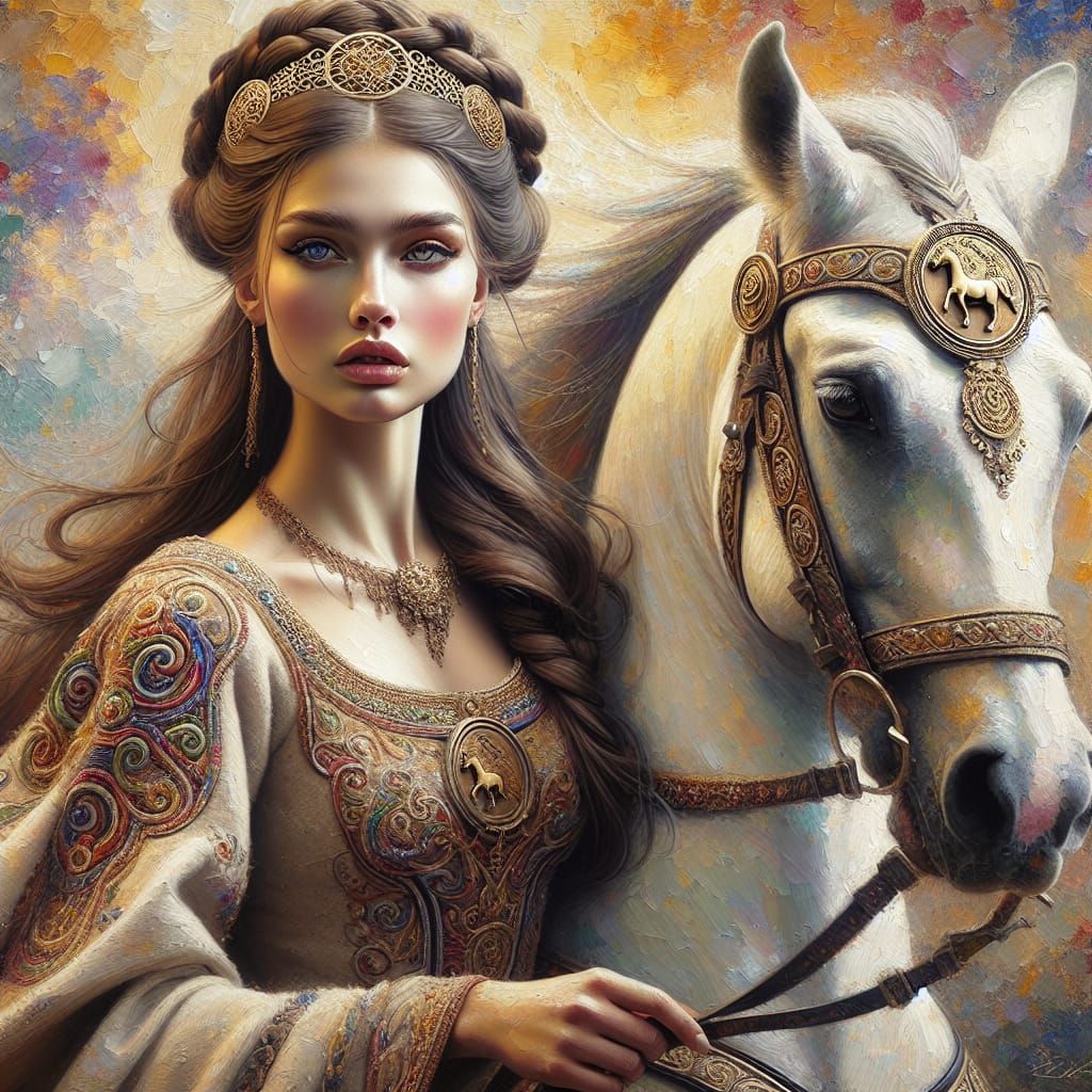 Epona: Celtic Horse Goddess in Impasto Gouache Style