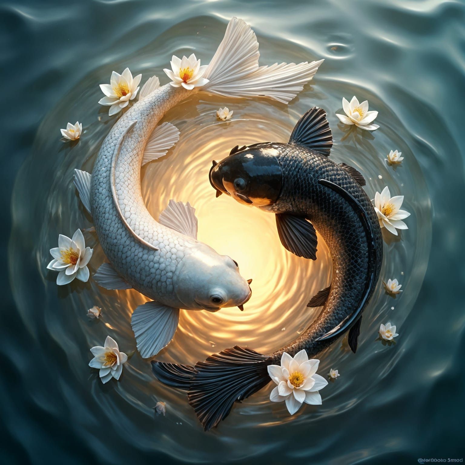 Mystical Yin-Yang Koi Fish in Lotus Pond