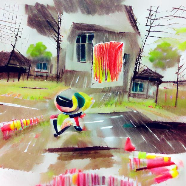 Man Sprints Home in Rainy Crayon Art