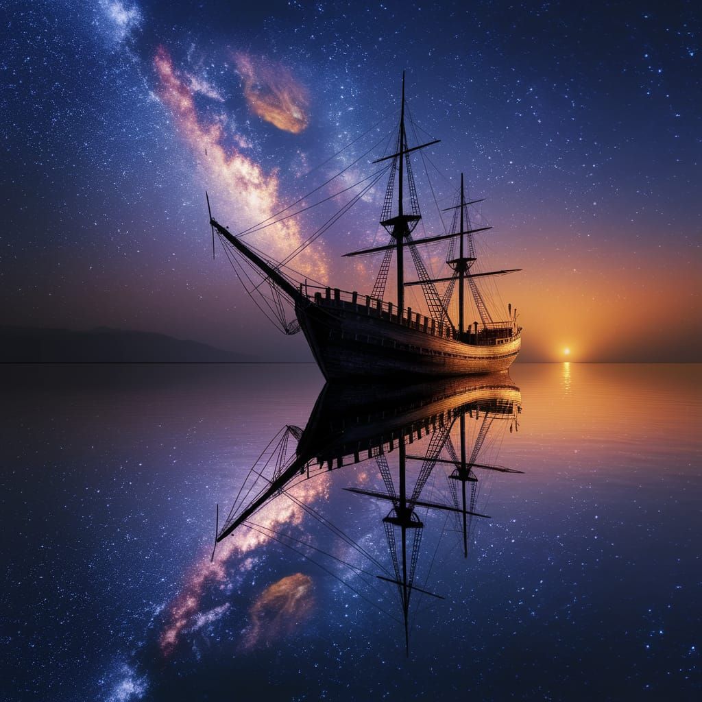 Night Ship Under Starry Sky Reflecting Milky Way