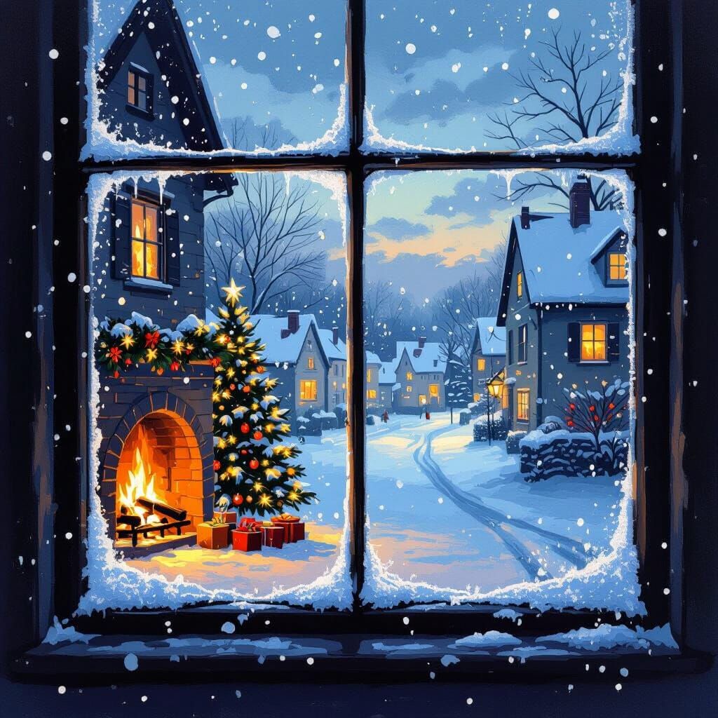 Cozy Christmas Window View with Snowy Village