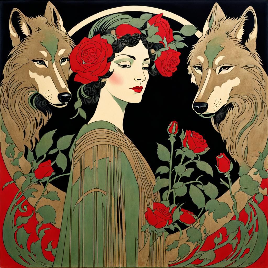 Art Deco Woman with Wolves and Roses
