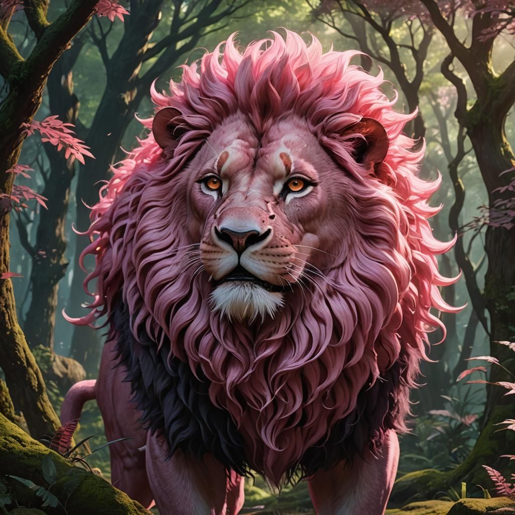 Aesthetic Pink Lion Roaring in Forest, Anime Art