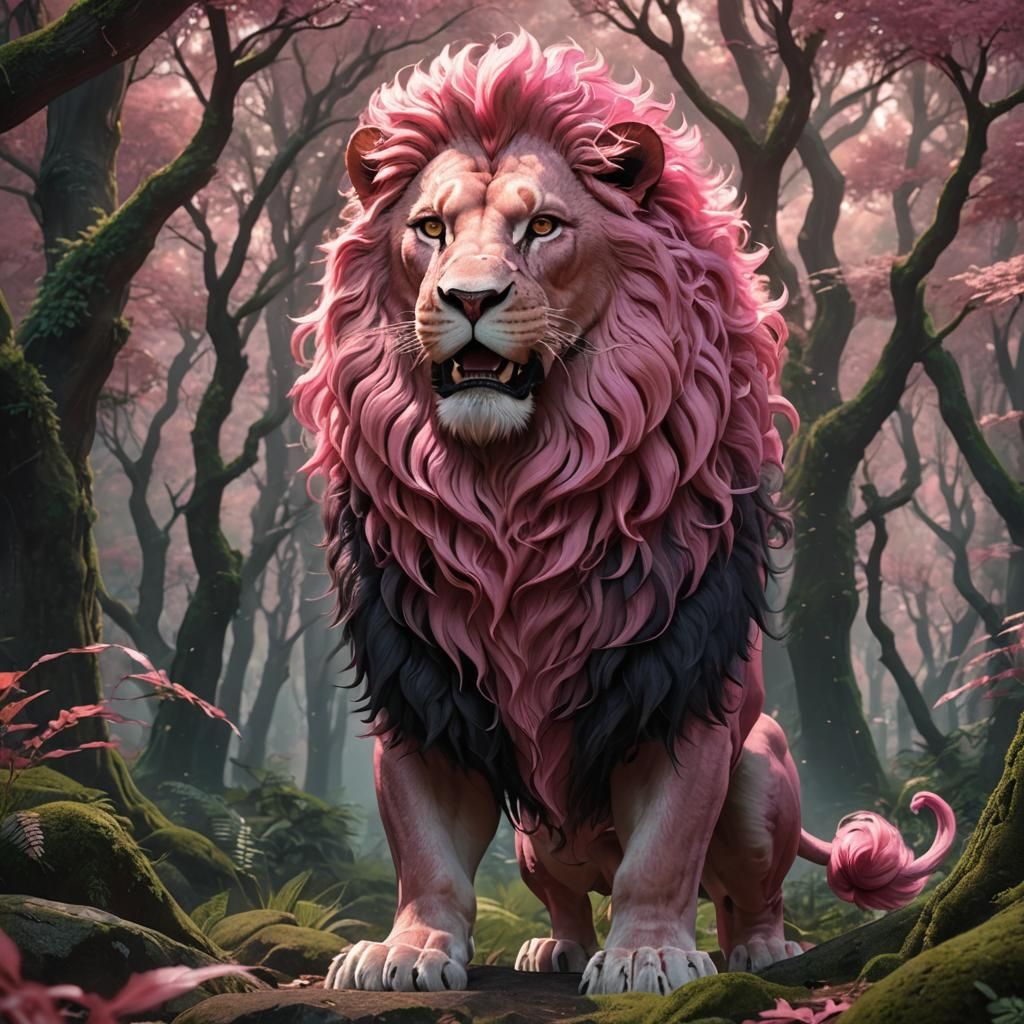 Dark Pink Lion Roars in Vibrant 8K Anime Art