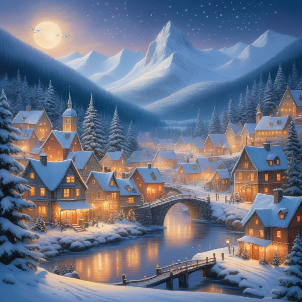 Christmas Eve Village Scene in Jansson's Dreamy Style