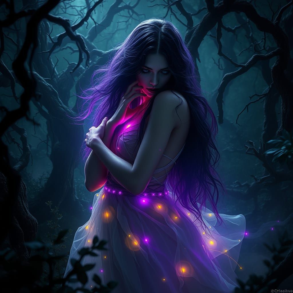 Ethereal Woman in Dark Fantasy Landscape