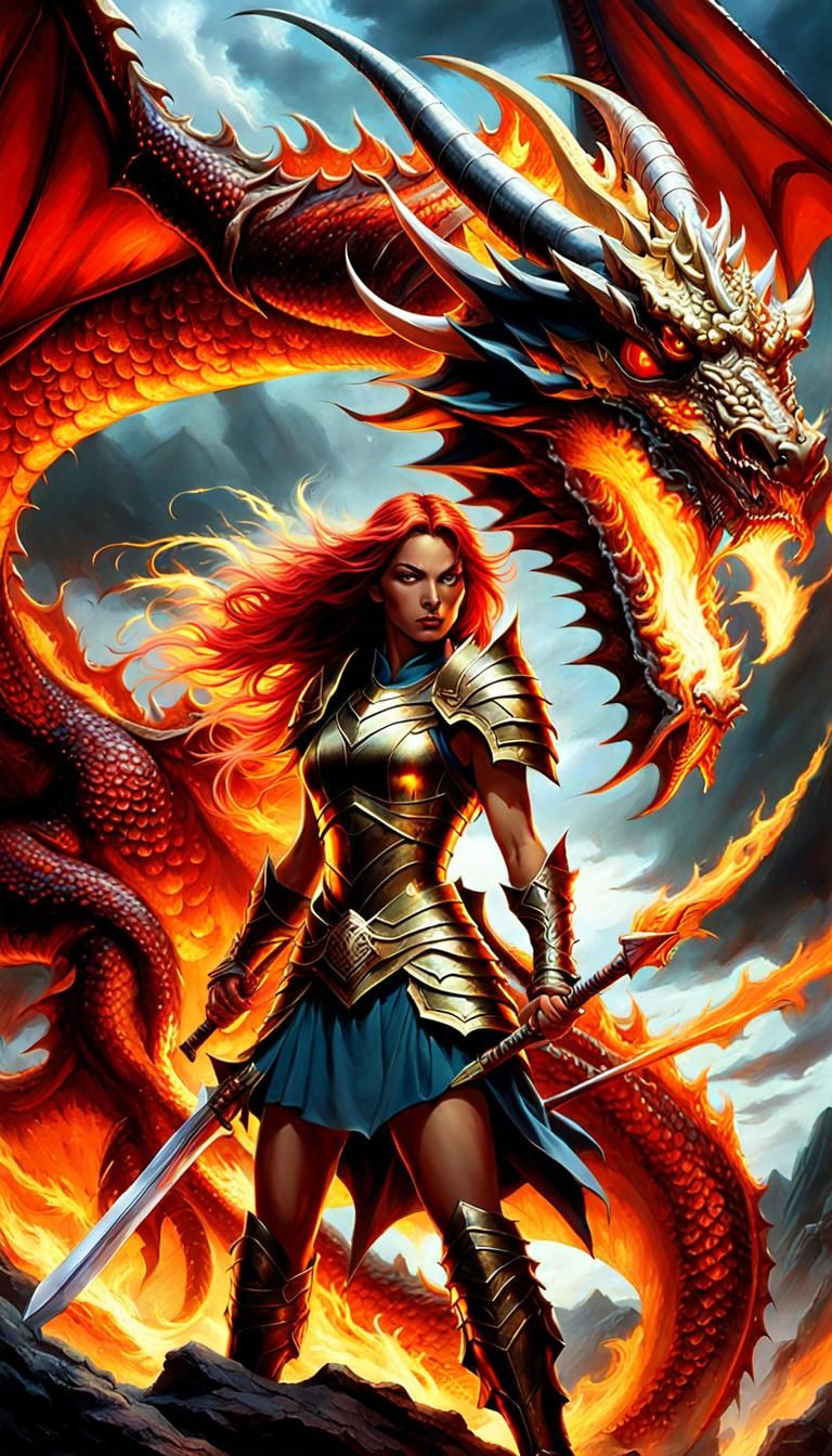 Anime Warrior and Dragon Fantasy Art