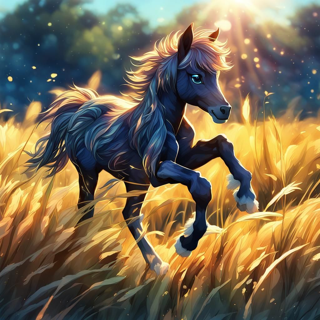 Morgan Foal Hops in Anime-Inspired Watercolor Field