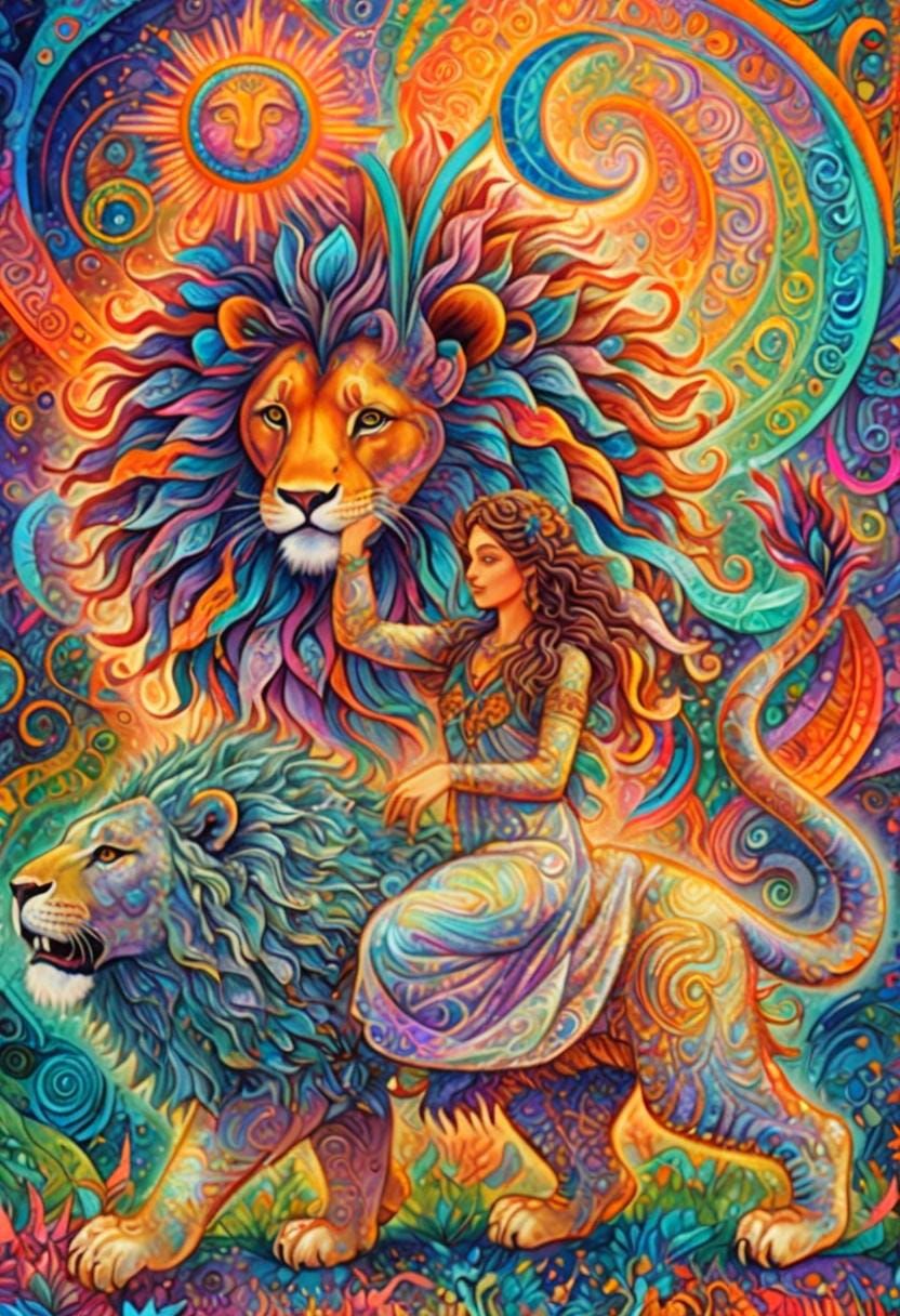 Colorful Maiden and Lion with Kundalini Energy