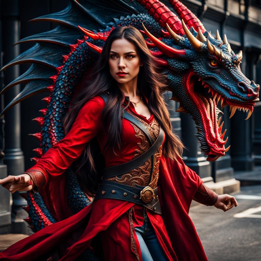 Modern Mage with Dragon in Portland, Hyperrealistic