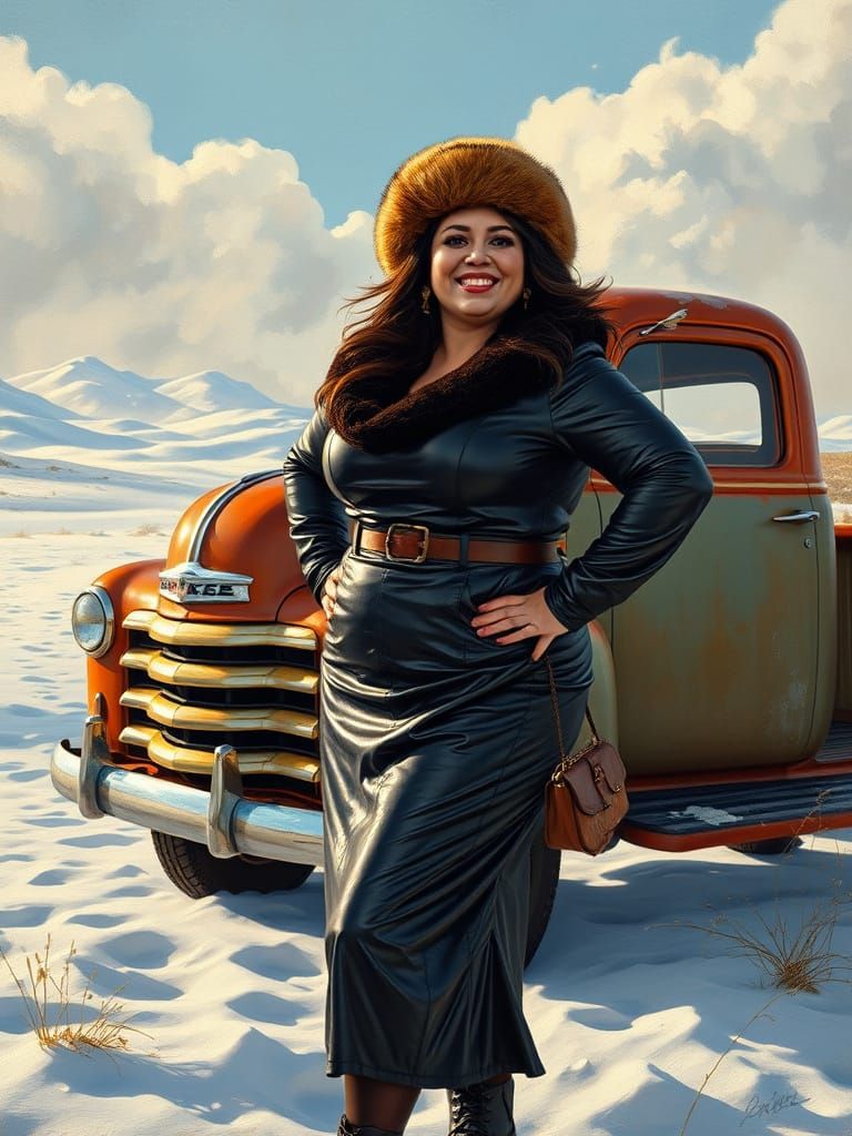 Confident Woman in Leather Dress Poses by Vintage Truck in S...