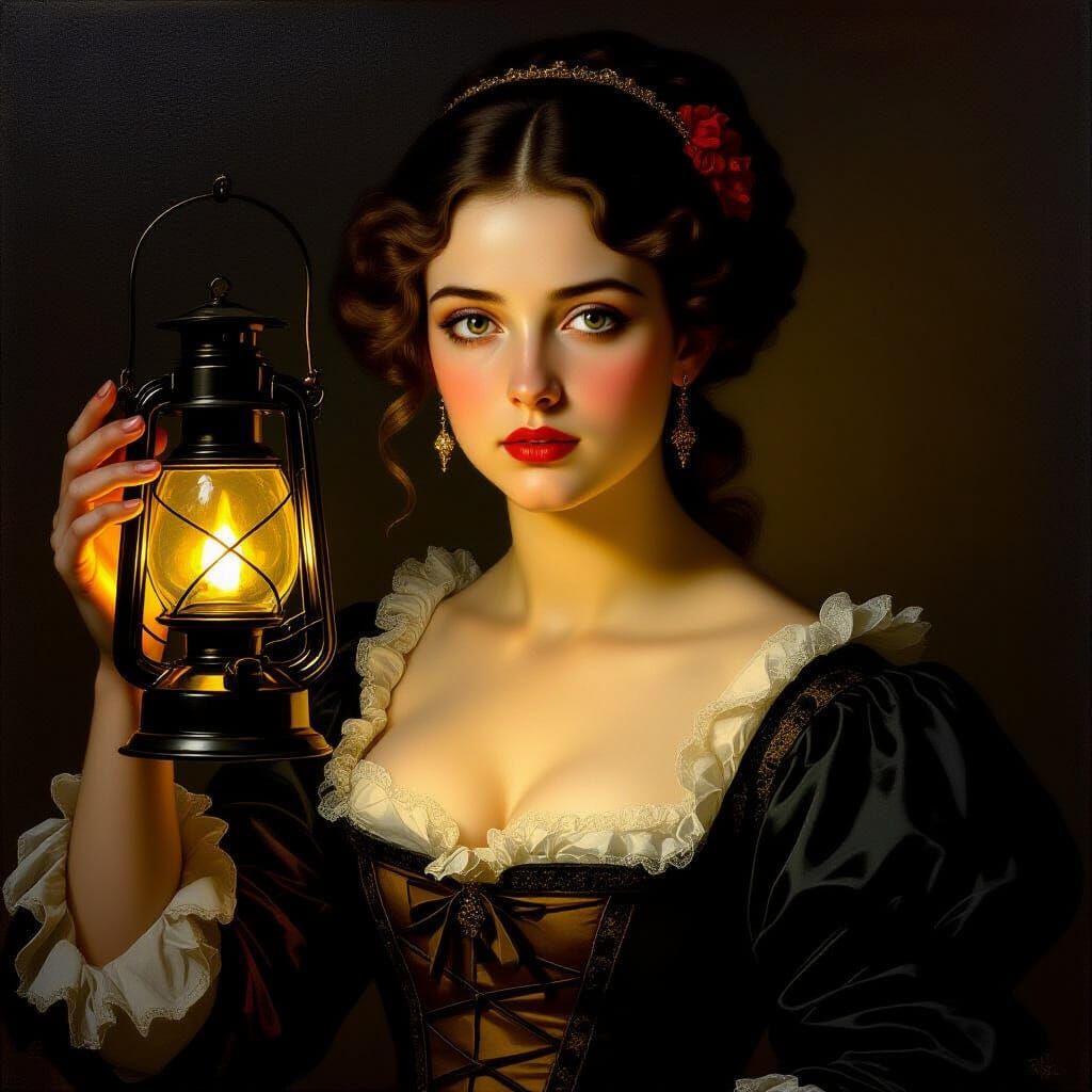 Baroque Rococo Portrait of Melancholy Woman with Lantern