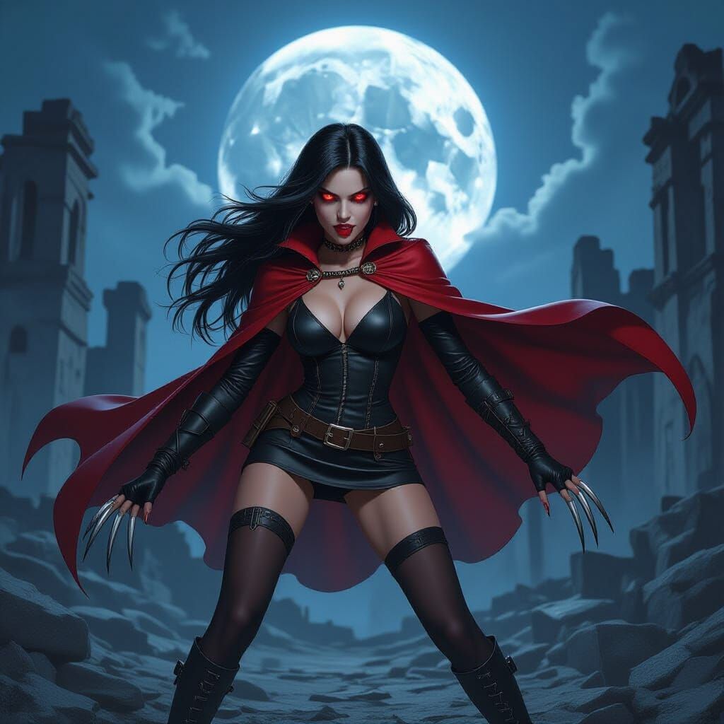 Vampire Lunges in Crimson Cape Under Full Moon