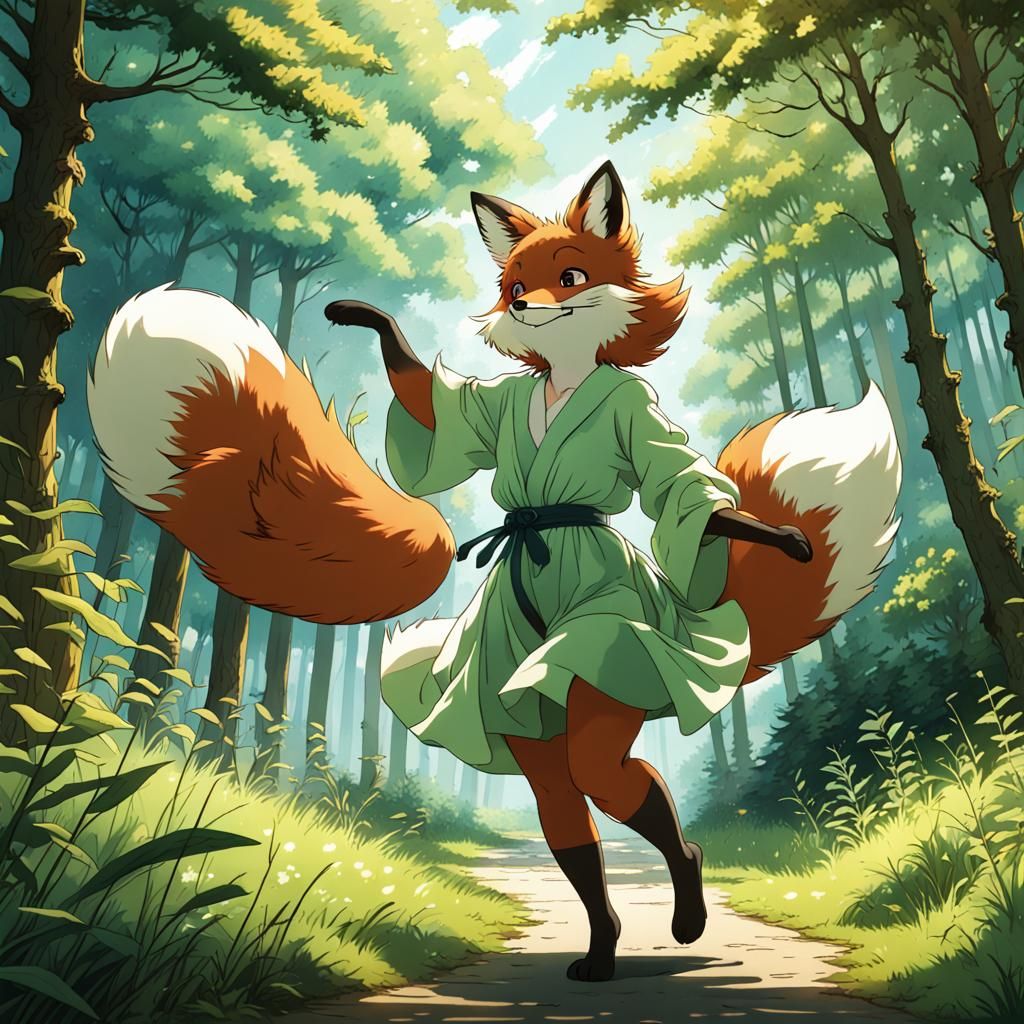 Anime Fox Lady Dancing in Forest Glade