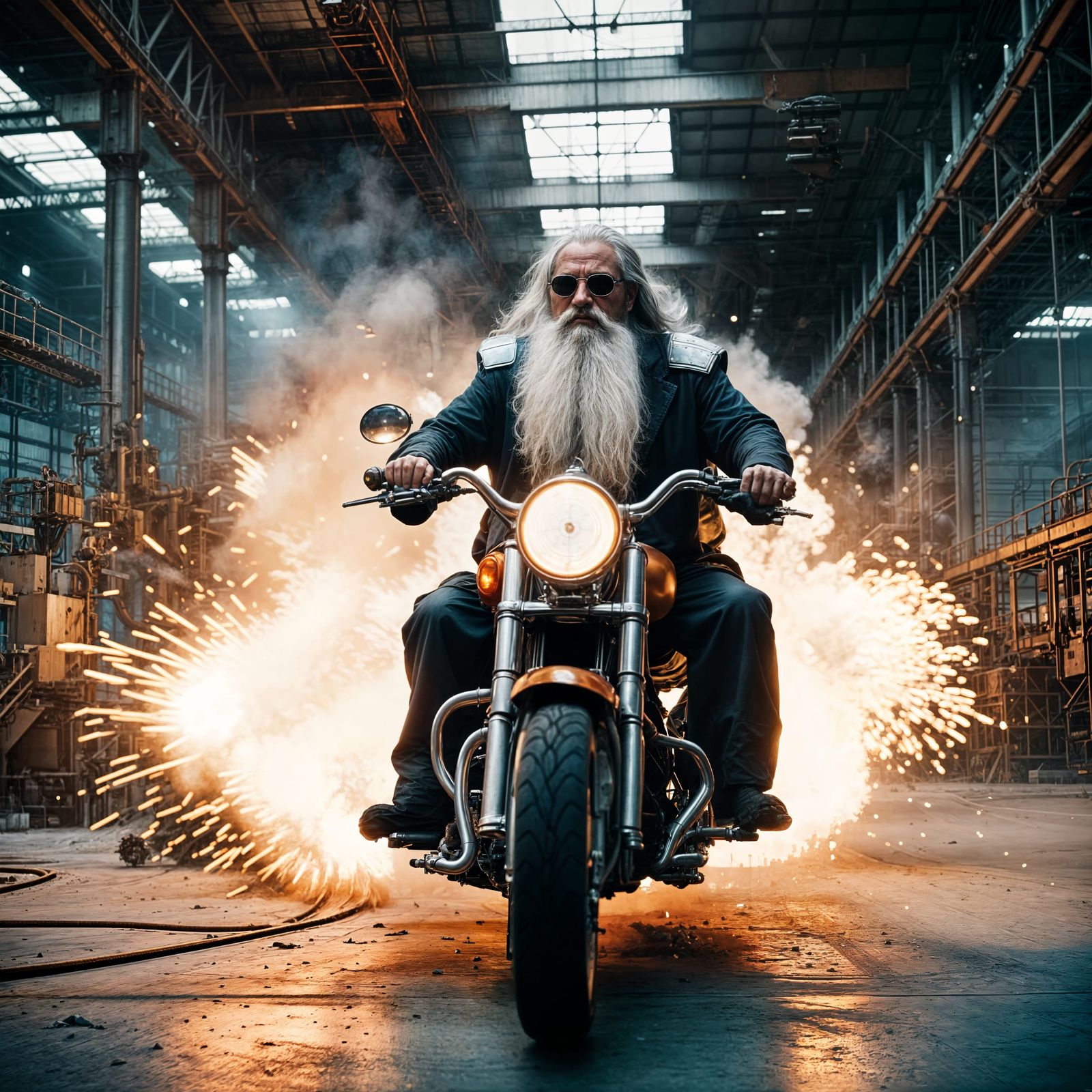 Wizard Rides Motorcycle Through Exploding Factory