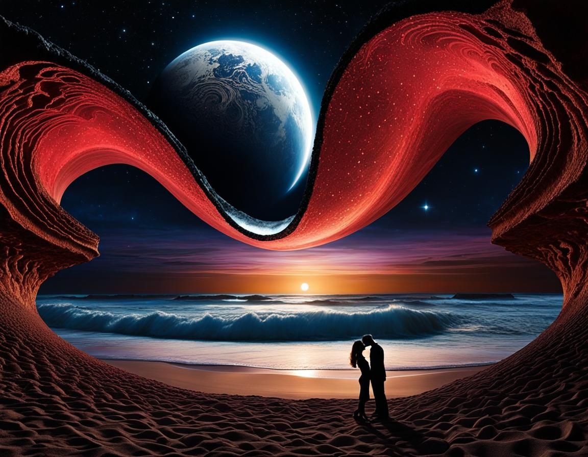 Abstract Kiss in Shadow: Surreal Beach Moonlight