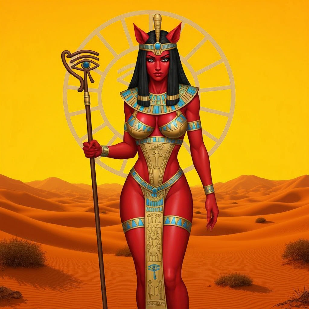 Egyptian Lion Goddess with Staff and Sun Logo