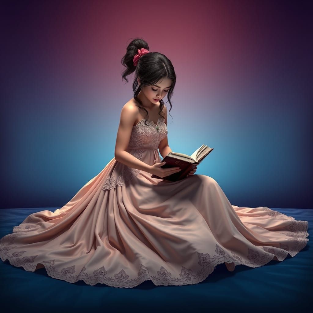 Elegant Fantasy Maiden Reads Leather-Bound Tome