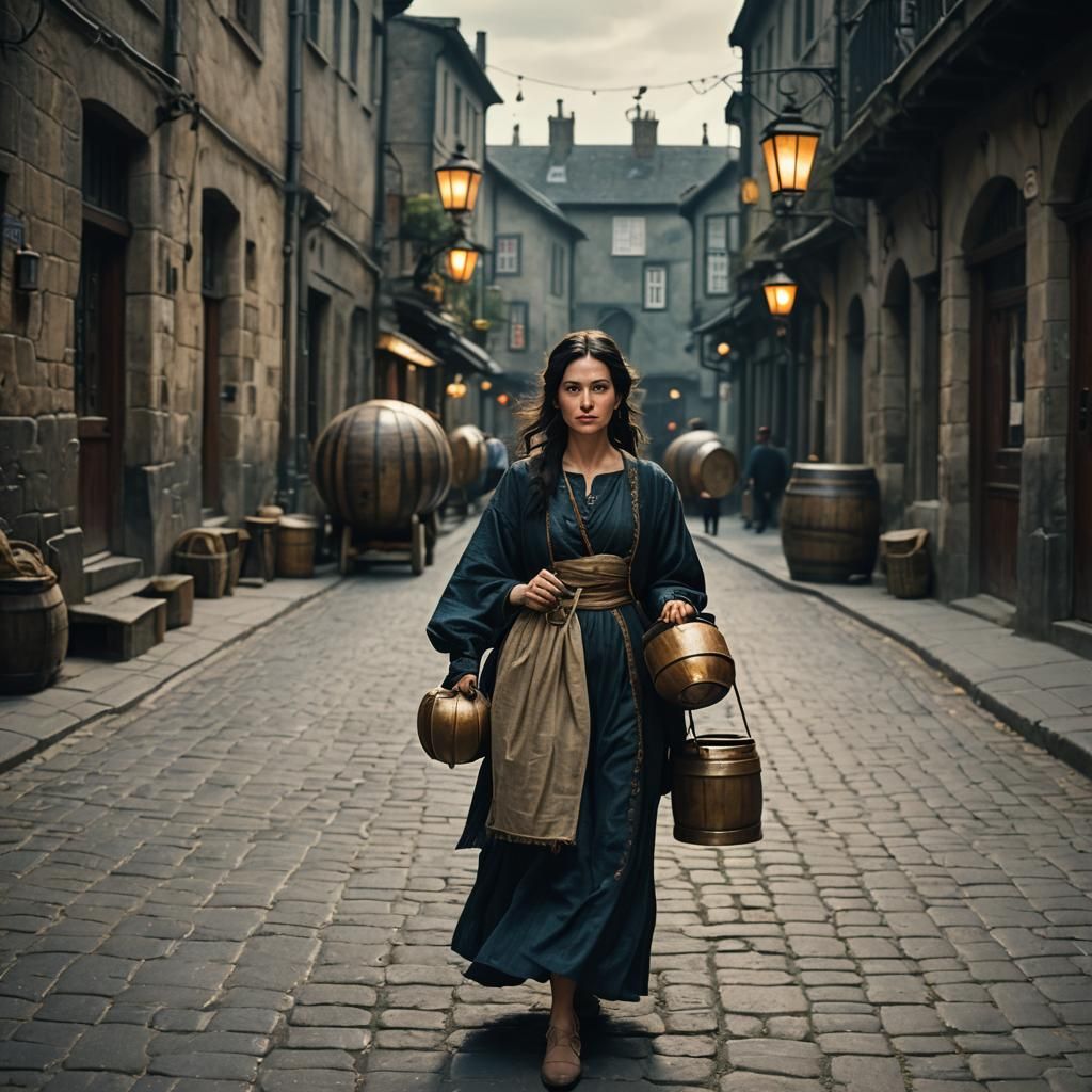 Woman Walking in Medieval City Street