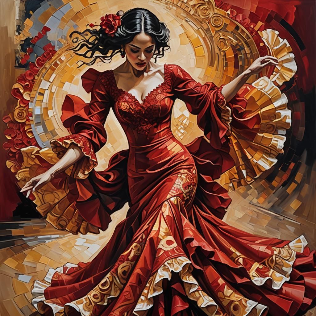 Flamenco Dancer in Red, Expressionist Oil Painting