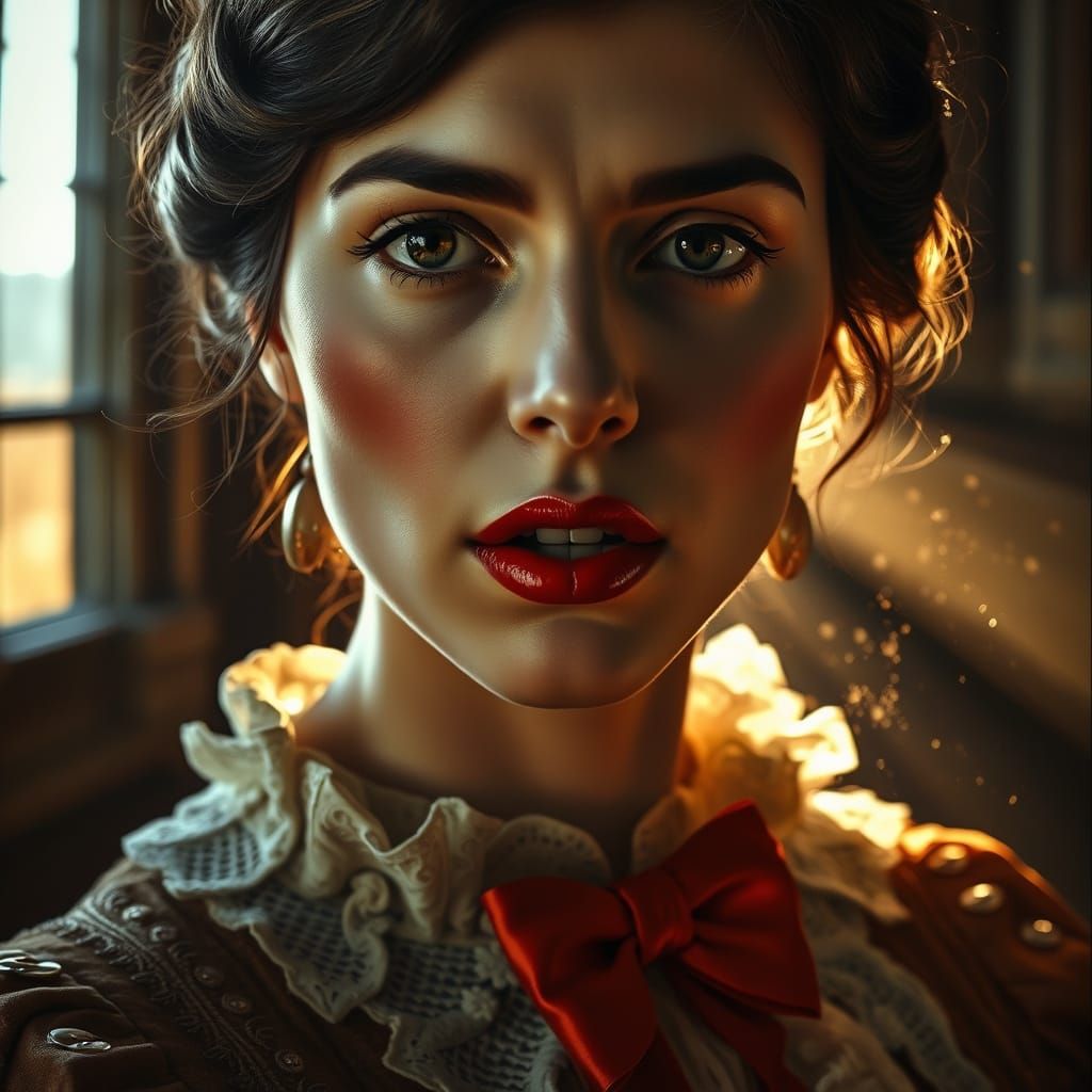 Woman with Red Bow Mouth in Dramatic Chiaroscuro