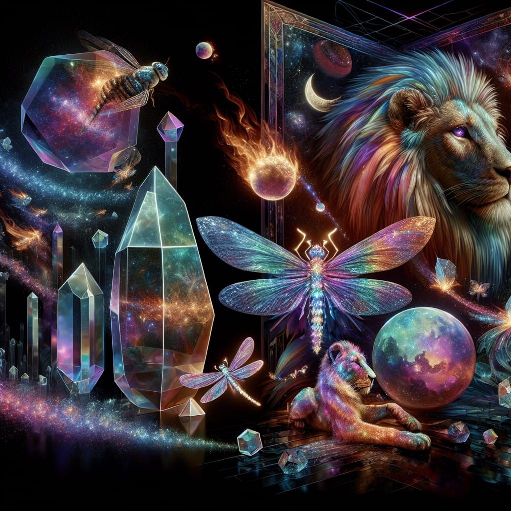 Bioluminescent Crystal Dreamscape with Rainbow Lions