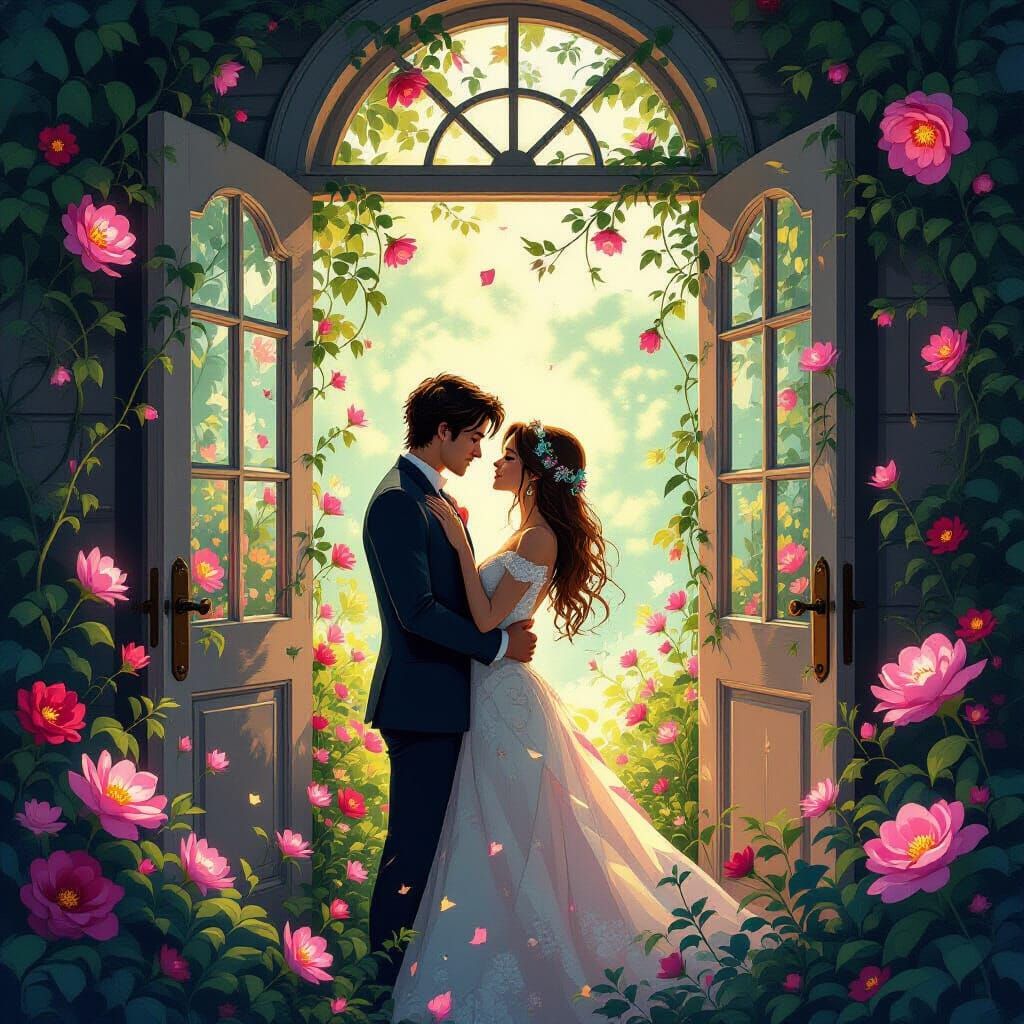 Enchanted Flowers Surround Woman in Dreamy Ambiance