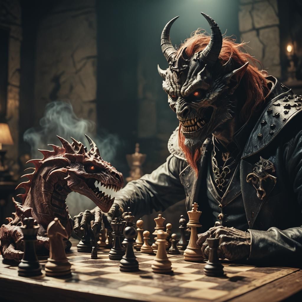 Dramatic Demon Plays Chess in Cinematic Style