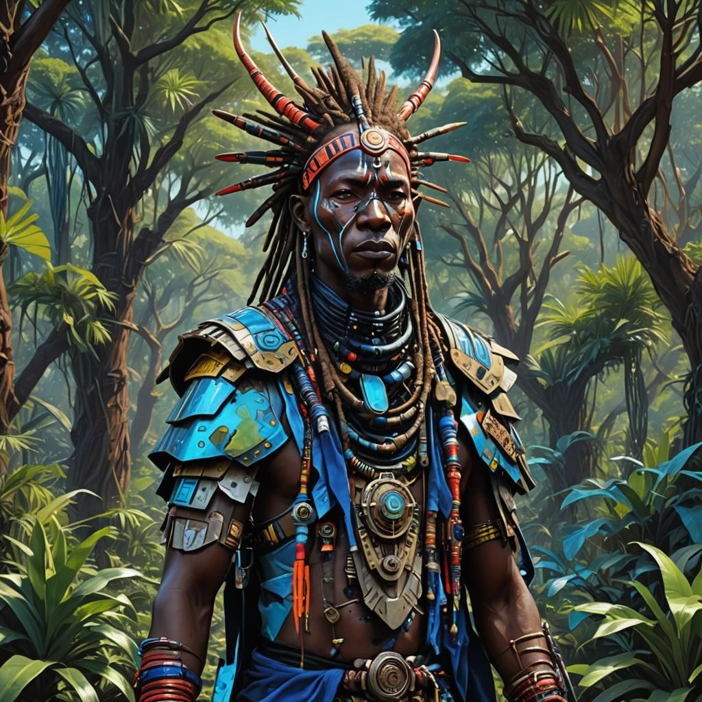 Cyberpunk Shaman Warrior in Fluorescent Jungle
