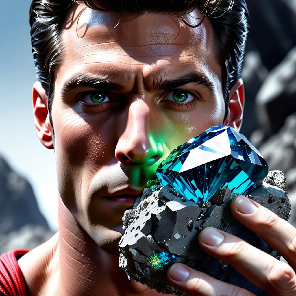 David Corenswet as Superman holding a green crystalized rock, (Kryptonite)