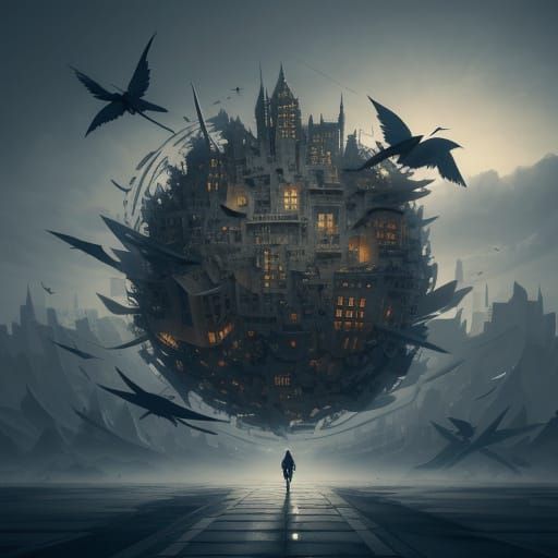 Surreal Paper City Under Ink Sky