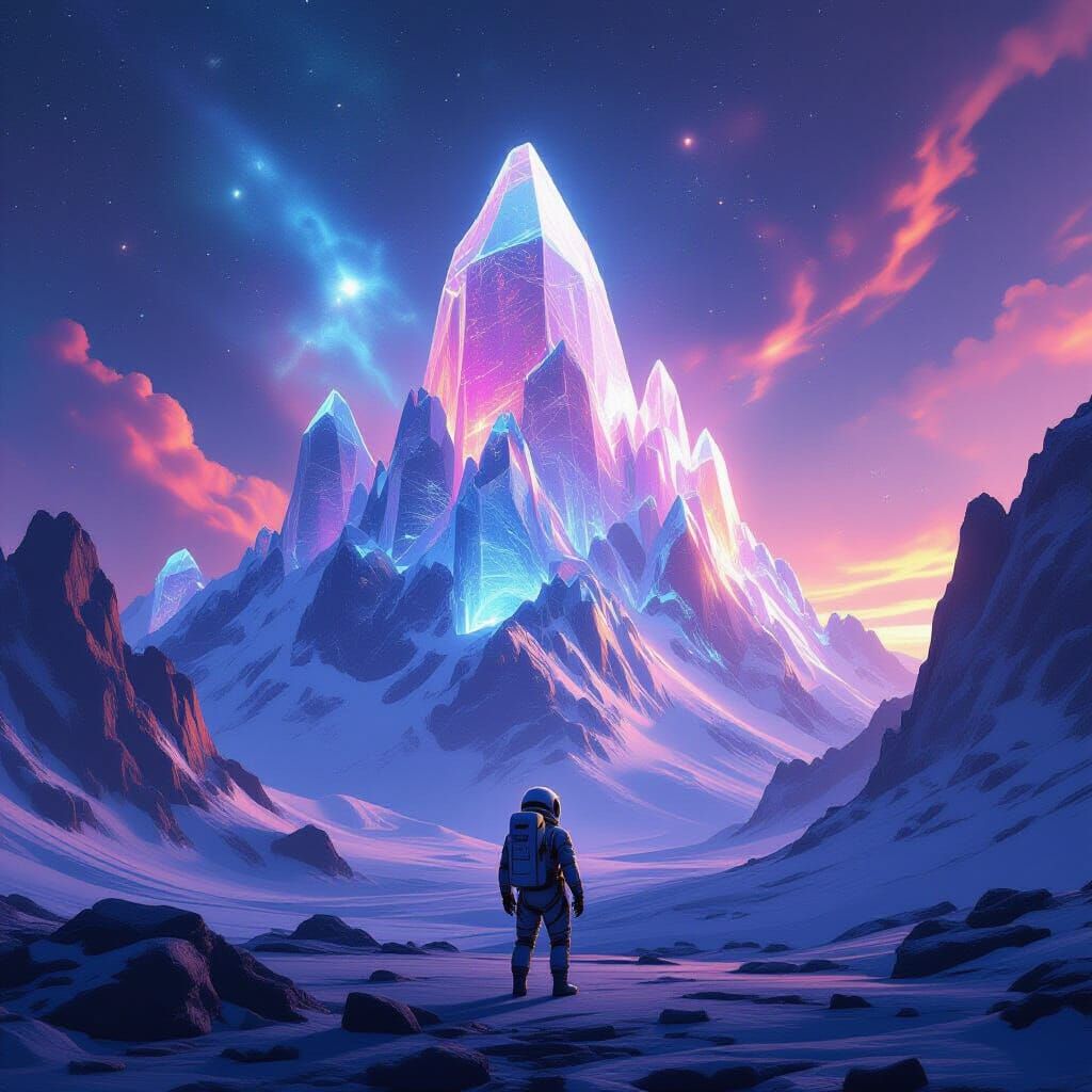 Astronaut Explores Crystalline Mountains in Cosmic Nebula