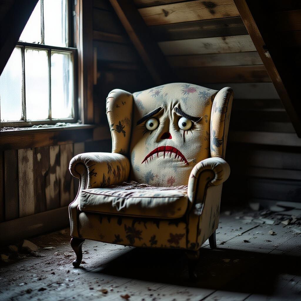 Weathered Armchair with Sad Face Cushions in Dusty Attic